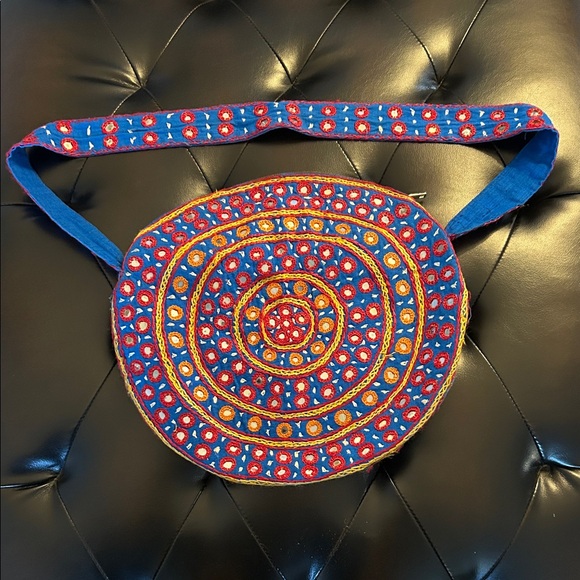 Unique Colorful Embroidered Crossbody Round Purse with Mirrored Insets - Picture 2 of 6